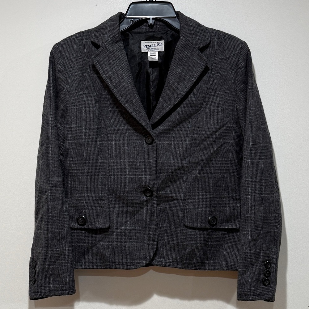 Pendleton Women 100% Wool Black Gray Plaid Blazer Sz 8 Classic‎ Career Staple